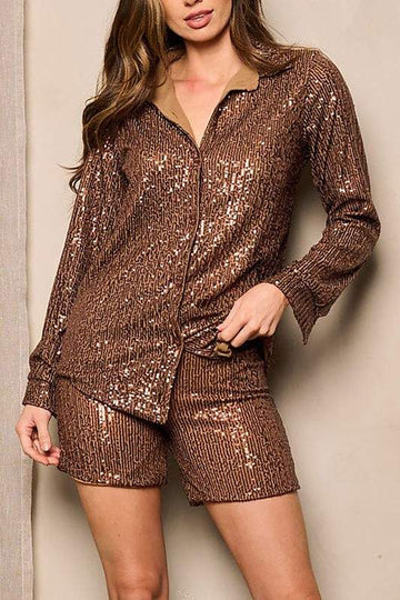 LONG SLEEVE TOP SHORTS SEQUINS 2PC SET