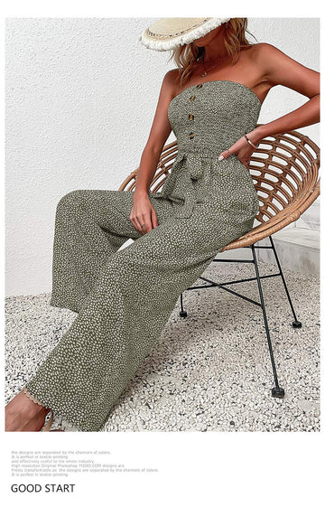 Women's Printed Button Front Strapless Belted Pocket Wide Leg Tube Jumpsuit Pants