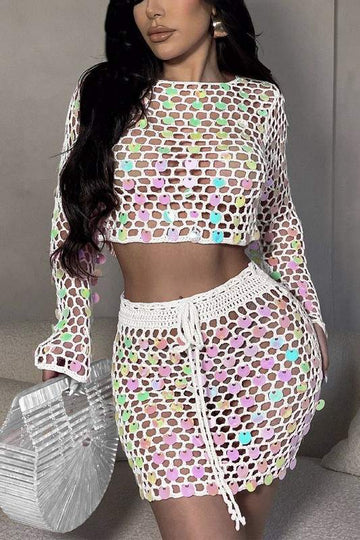 SEQUINS CROCHET SHIRT AND SKIRT SET
