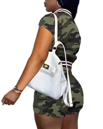 CAMOUFLAGE PRINT CONTRAST PANELED TOP SHORTS SET