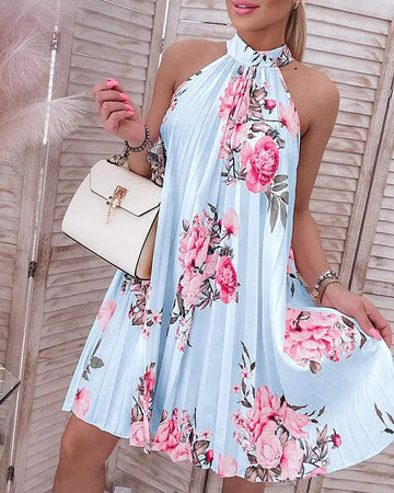 FLORAL PRINT HALTER CASUAL PLEATED DRESS