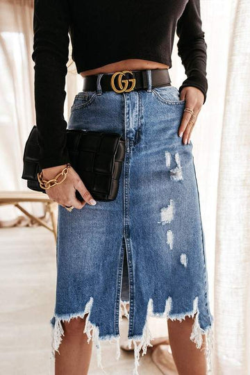 Womenâs Frayed Hem Skirt, Chic Denim Outfit
