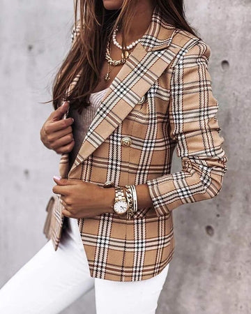 PLAID PRINT LONG SLEEVE DOUBLE BREASTED BLAZER COAT