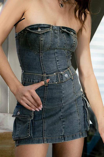 DENIM STRAPLESS TUBE MINI DRESS