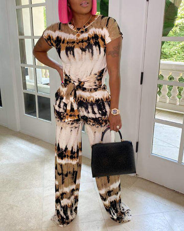 Tie Dye Print Tied Detail TShirt Pocket Design Pants Sets