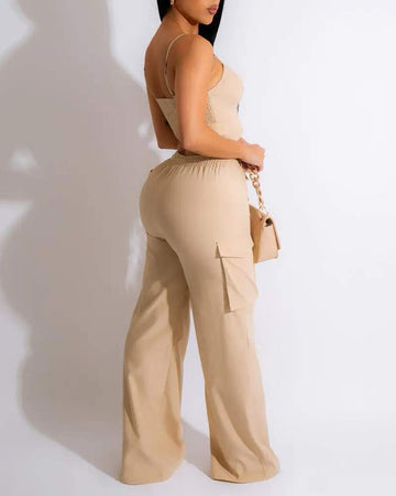 CROP CAMI TOP POCKET DESIGN PANTS SET