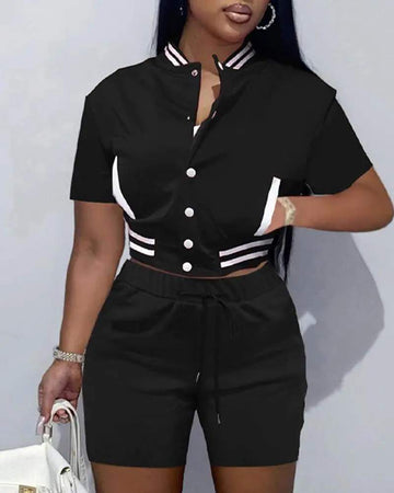 CONTRAST PANELED CROP TOP DRAWSTRING SHORTS SET