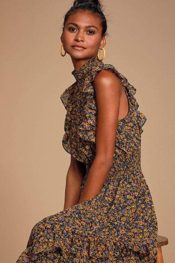 EVALINA MUSTARD YELLOW FLORAL PRINT MOCK NECK MIDI DRESS