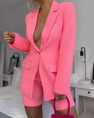Long Sleeve Buttoned Blazer Coat Shorts Set