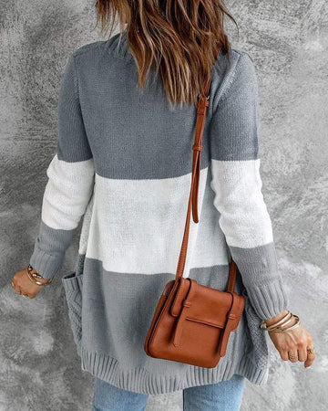 COLORBLOCK POCKET BUTTON DESIGN BRAIDED KNIT CARDIGAN