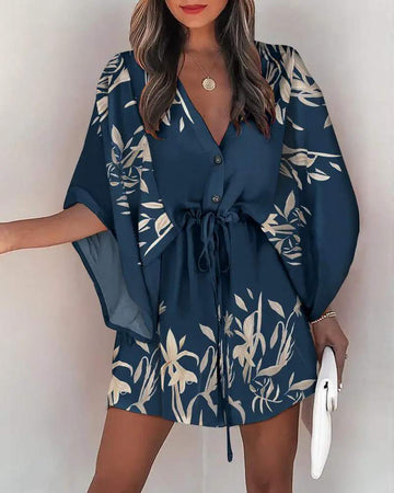PLANTS PRINT BUTTON FRONT DRAWSTRING CASUAL DRESS