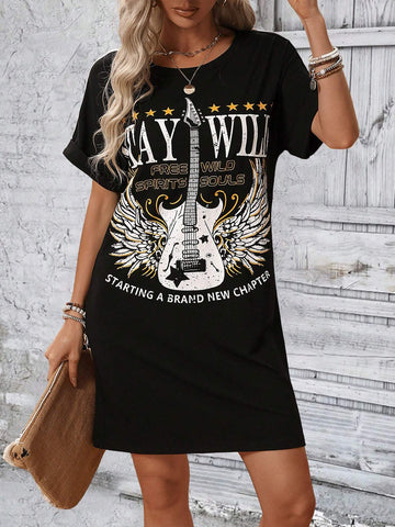 LUNE WOMEN S GUITAR WING PRINTED DRESS