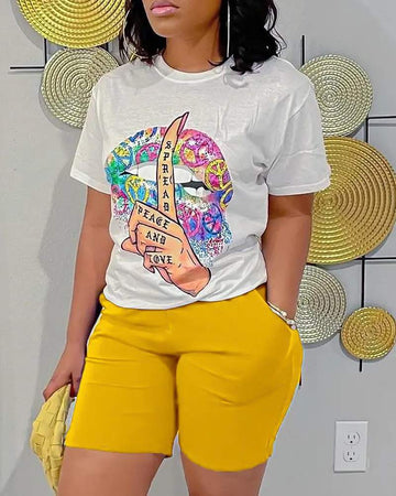 SLOGAN PRINT T SHIRT POCKET DESIGN SHORTS SET