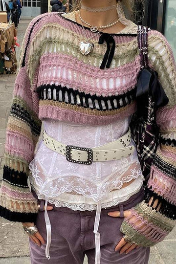 STRIPE CUTOUT STRING SWEATER
