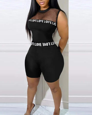 LETTER BAND PATCH FISHNET DESIGN TOP SHORTS SET