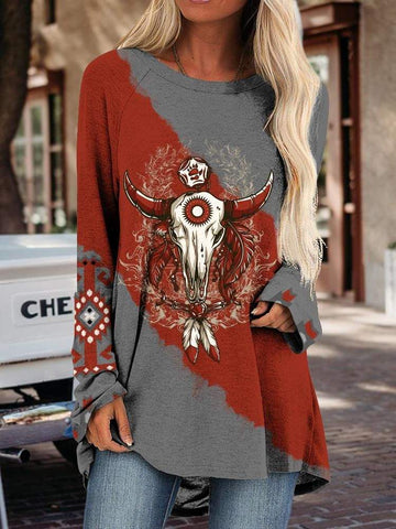 WESTERN PRINT MID LENGTH IRREGULAR LONG SLEEVE SHIRT