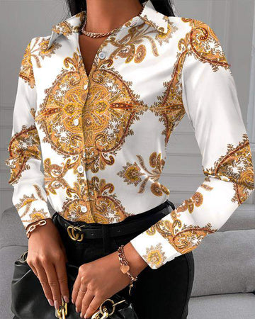 Scarf Print Button Up Long Sleeve Top