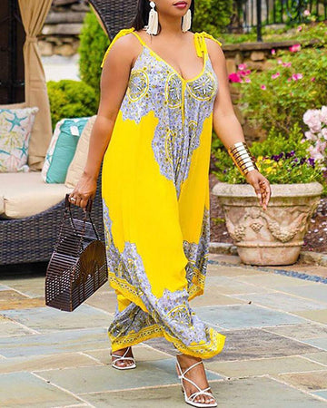 V Neck Graphic Print Tie Detail Wide Leg Jumpsuit