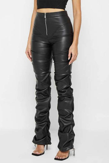 RUCHED BOOTCUT LEATHER PANTS