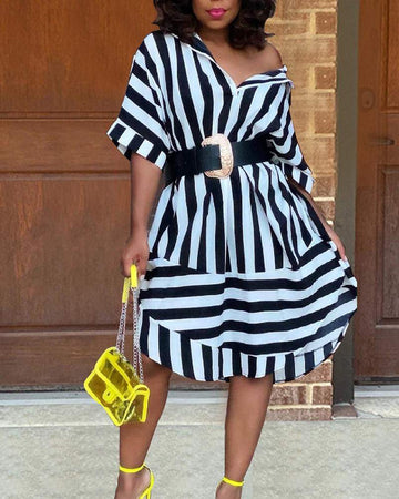 STRIPED PRINT BUTTON FRONT SHIRT DRESS