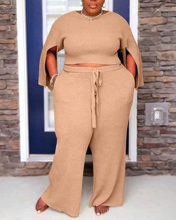 NEW Plus Size Ribbed Split Sleeve Crop Top Drawstring Pocket Pants Set