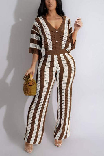 CROCHET STRIPED PRINTING TROUSER SET