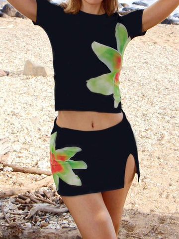 ESSNCE WOMEN S FLORAL PRINT SHORT SLEEVE T SHIRT AND SKIRT SET SIMPLE DAILY OUTFIT