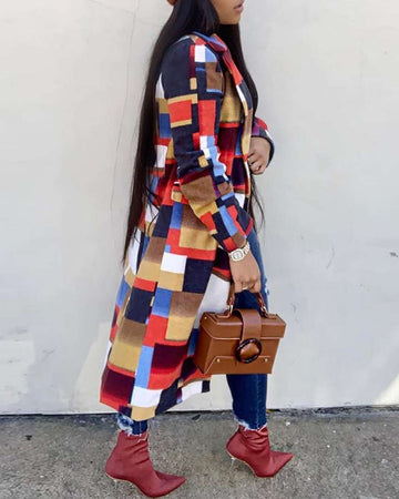 Color Block Turndown Neck Autumn Long Coat