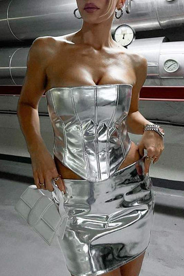 Shiny Mini Skirt with Metallic Corset Top