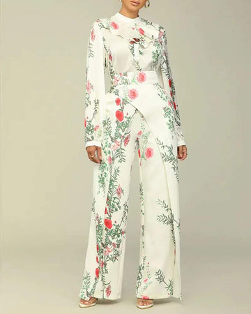 FLORAL PRINT RUFFLE HEM TOP LACE UP HIGH WAIST PANTS SET