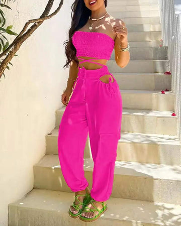 CRISSCROSS SHIRRED CROP TUBE TOP CUTOUT PANTS SET