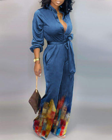 Colorblock Tie Front Buttoned Casual Jumpsuit