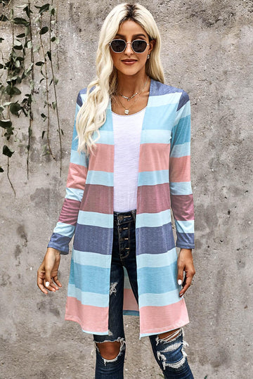 Multi Color Stripe Textured Open Cardigan