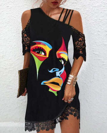 CONTRAST LACE FIGURE PRINT CASUAL DRESS