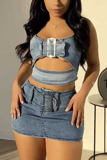DENIM CROP TOP AND SKIRT SET