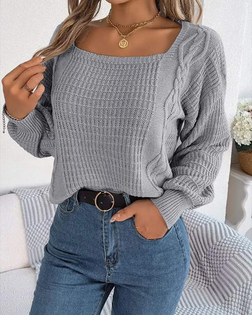 SQUARE NECK LANTERN SLEEVE CABLE KNIT SWEATER