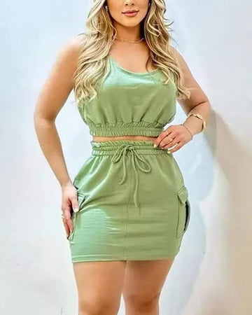 U NECK TANK TOP POCKET DESIGN SKIRT SET