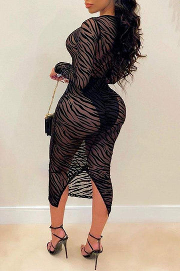 ROSYSHE ZEBRA PRINT V NECK PARTY SEE THROUGH MIDI DRESS