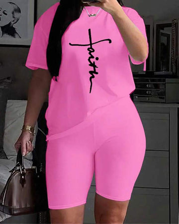 LETTER PRINT T SHIRT HIGH WAIST SHORTS SET