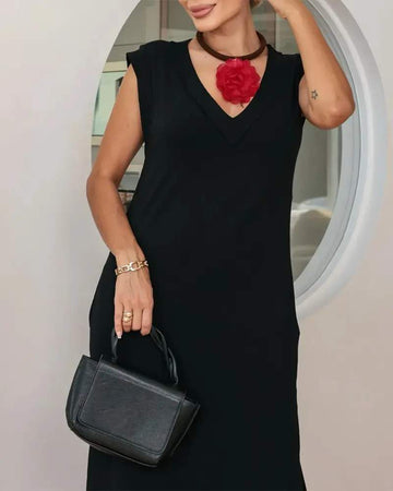 V NECK POCKET DESIGN SLIT CASUAL DRESS