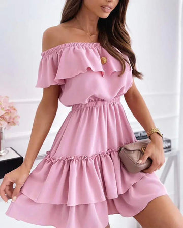 OFF SHOULDER RUFFLE HEM CASUAL DRESS