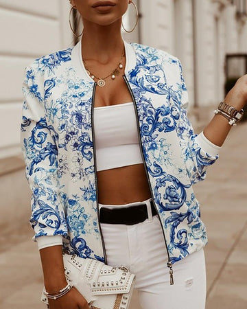 ZIPPER JACKET Women's Bomber Jacket Floral Print Long Sleeve Zip Retro Jacket Top Slim Fit Basic