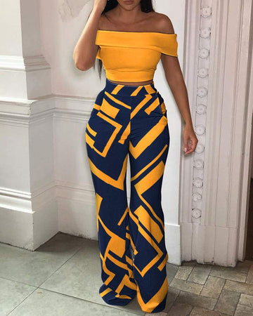OFF SHOULDER CROP TOP GEO PRINT PANTS SET