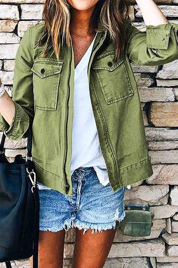 SOLID OLIVE DOUBLE POCKET LONG SLEEVE JACKET