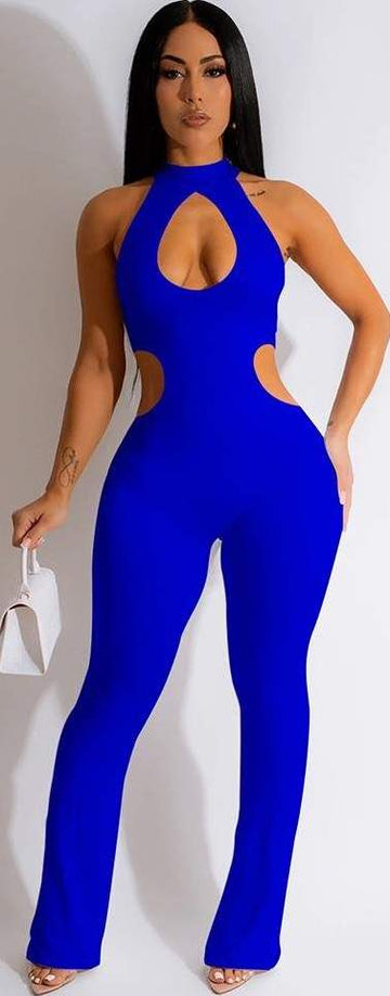 WOMEN S SEXY HOLLOWED OUT PURE COLOR JUMPSUIT