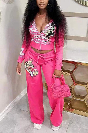 GRAPHIC CROP JACKET TOP AND PANTS SET