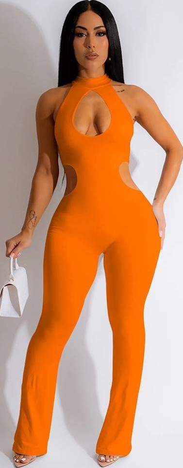 WOMEN S SEXY HOLLOWED OUT PURE COLOR JUMPSUIT