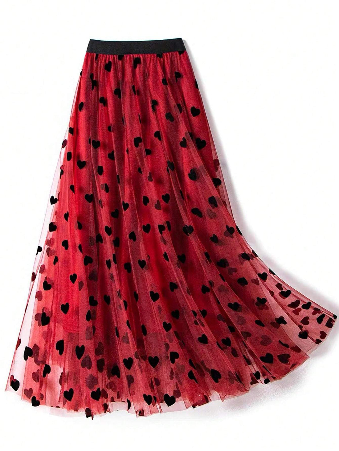 EMBROIDERED FLOCKED HEART MESH OVERLAY SKIRT