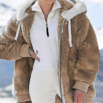 LOOSE PLUSH ZIPPER HOODED COAT WOMEN