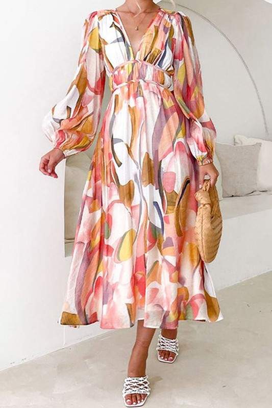 PRINT LONG SLEEVE MIDI DRESS